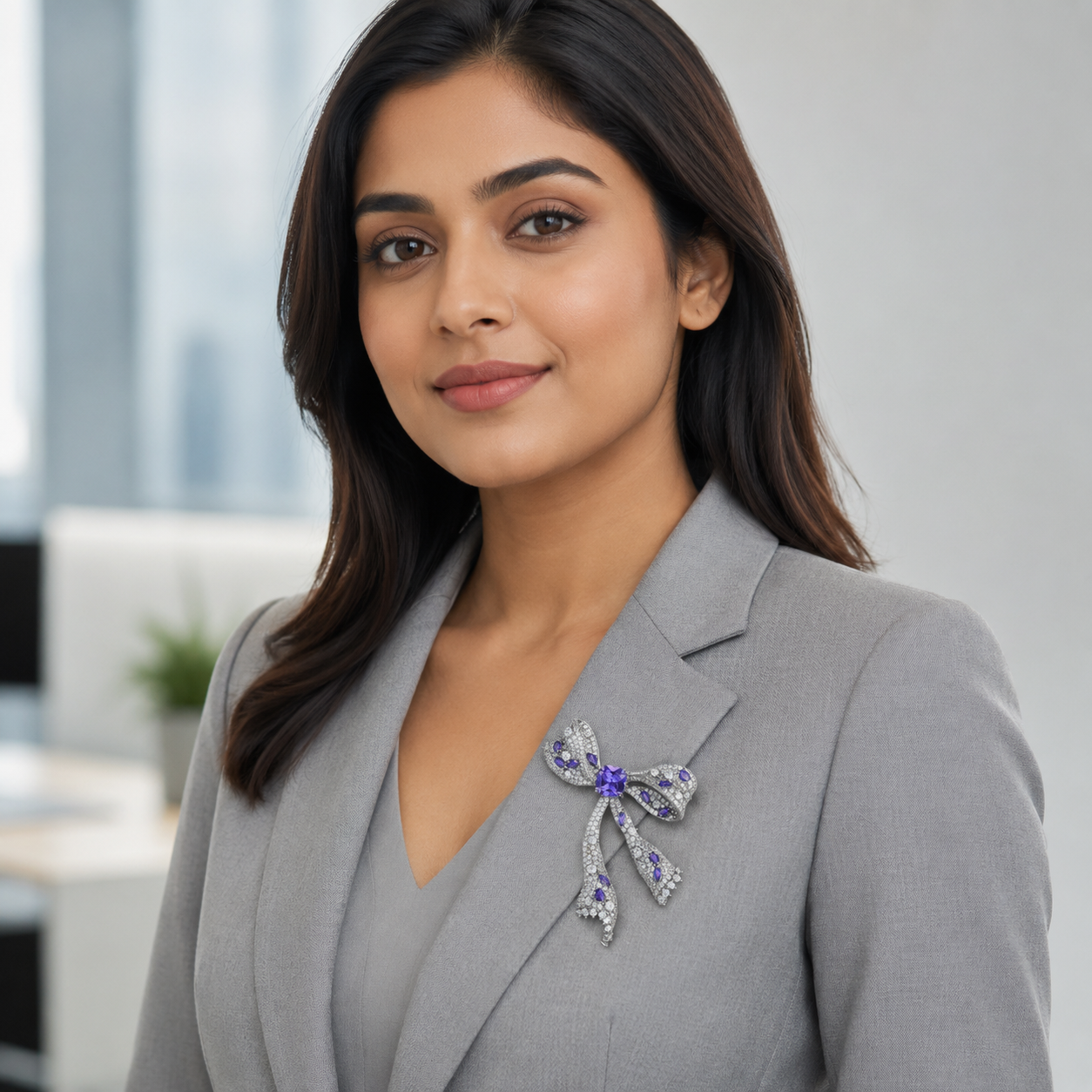 Purple Crystal Bow Silver-Tone Statement Brooch
