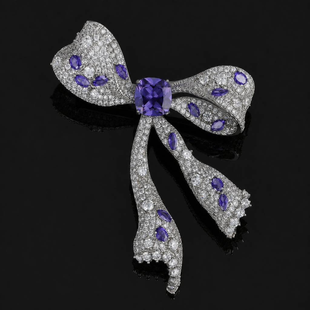 Purple Crystal Bow Silver-Tone Statement Brooch