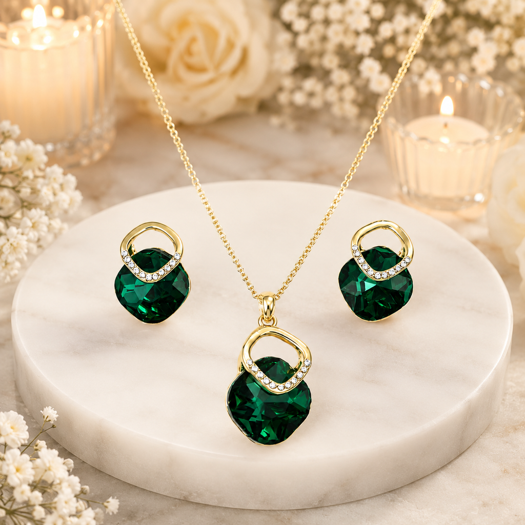 Emerald Green Square Crystal Necklace and Earrings Set