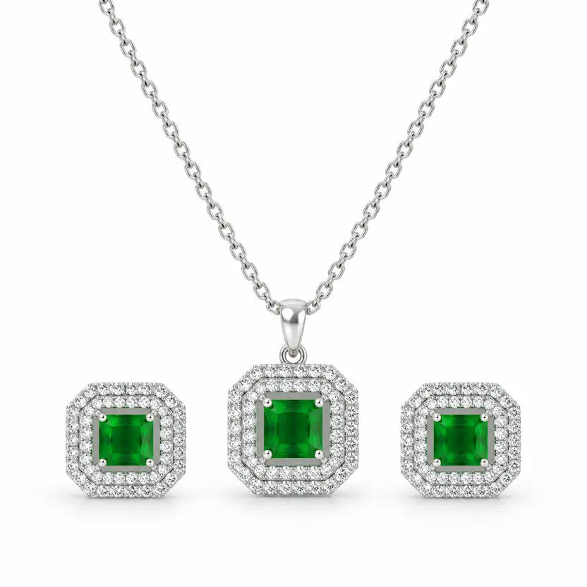 Green Square AD Halo Necklace and Earrings Set
