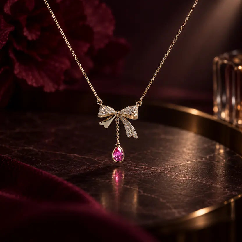 Crystal Bow Pink Teardrop Swarovski Crystal Necklace