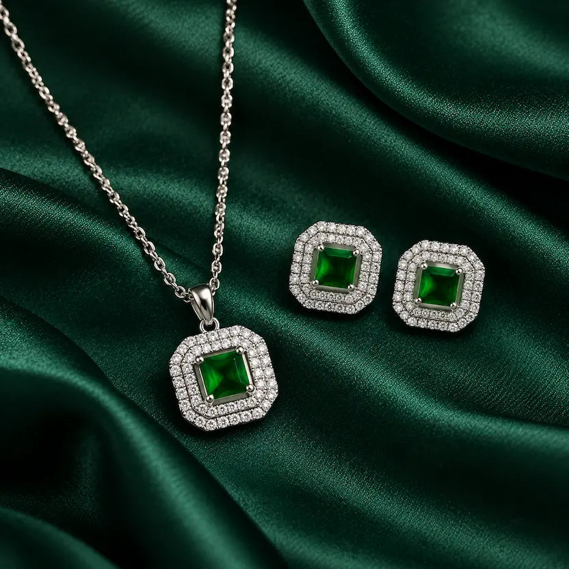 Green Square AD Halo Necklace and Earrings Set
