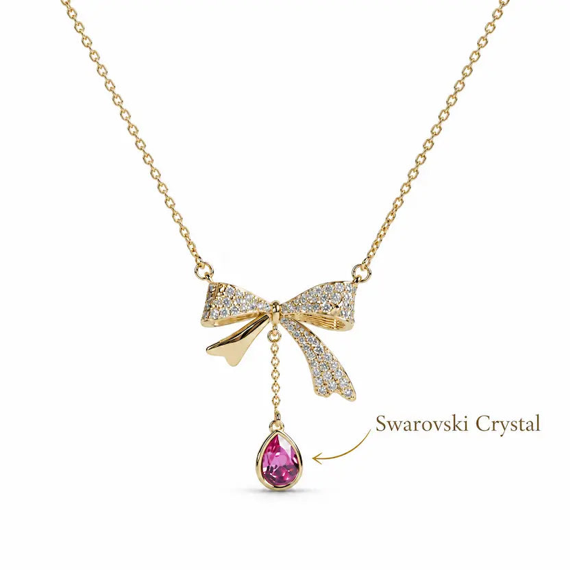 Crystal Bow Pink Teardrop Swarovski Crystal Necklace