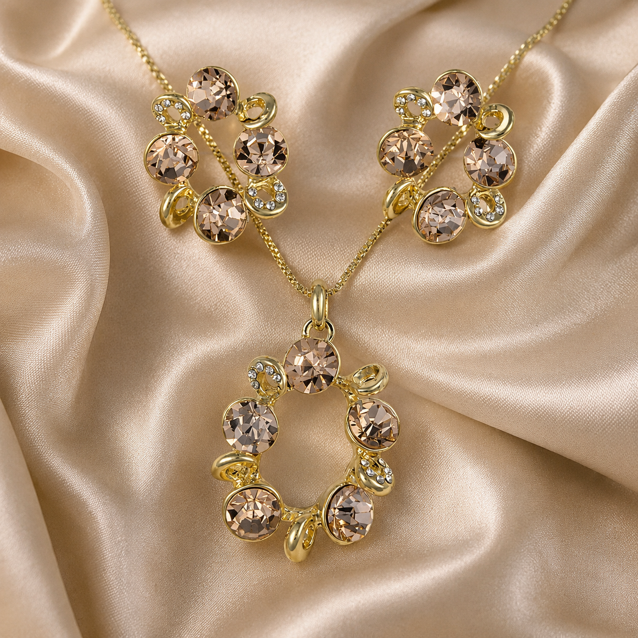 Champagne Round Crystal Necklace and Earrings Set