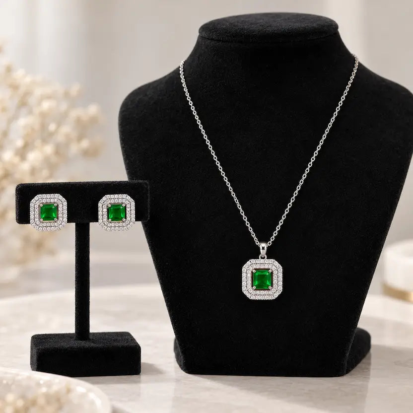 Green Square AD Halo Necklace and Earrings Set