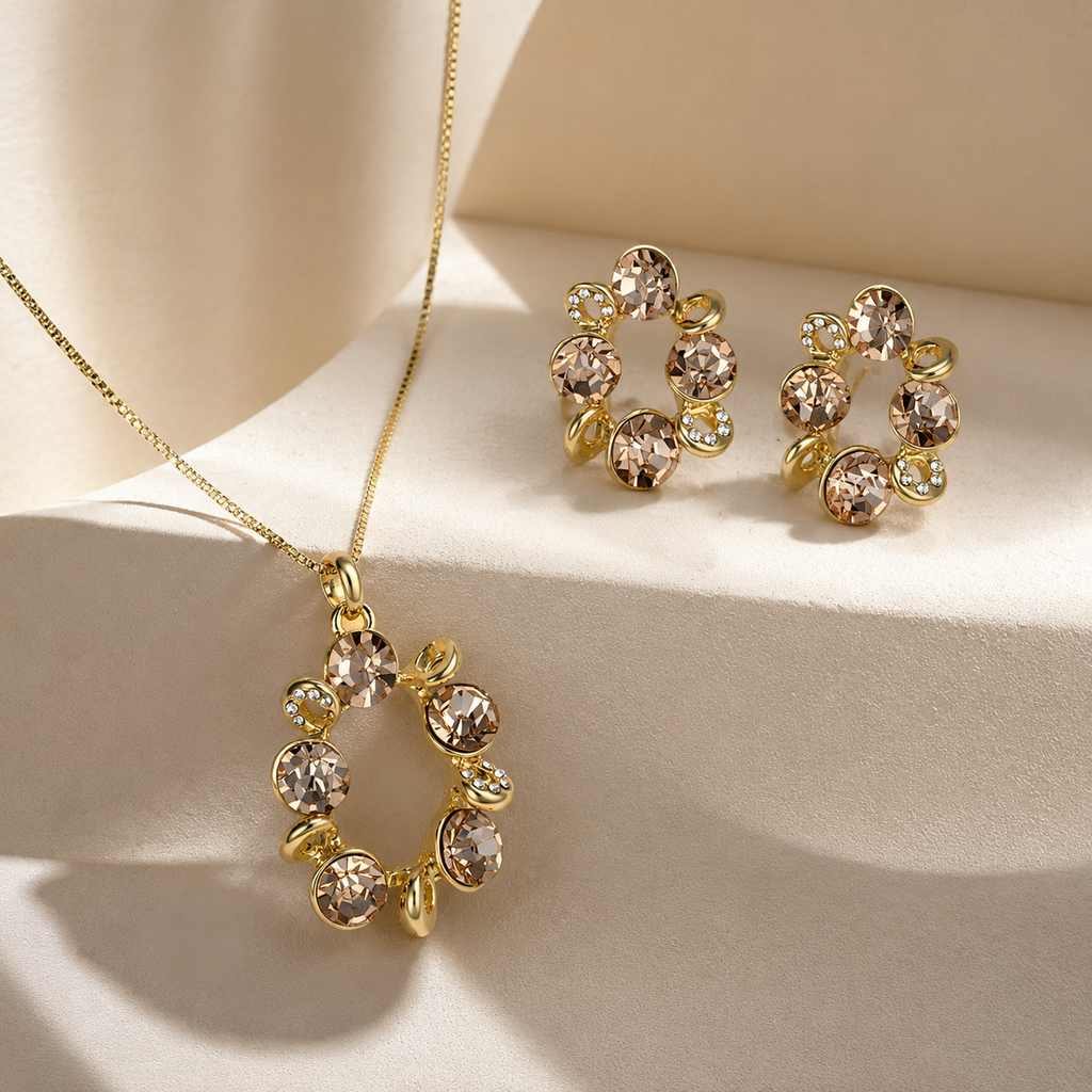 Champagne Round Crystal Necklace and Earrings Set