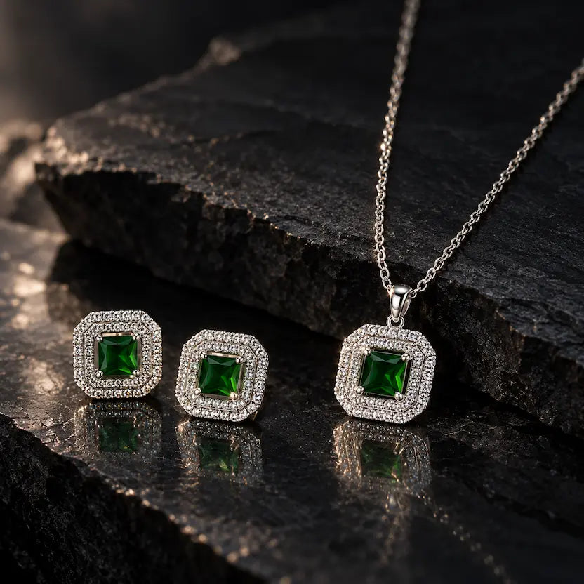 Green Square AD Halo Necklace and Earrings Set