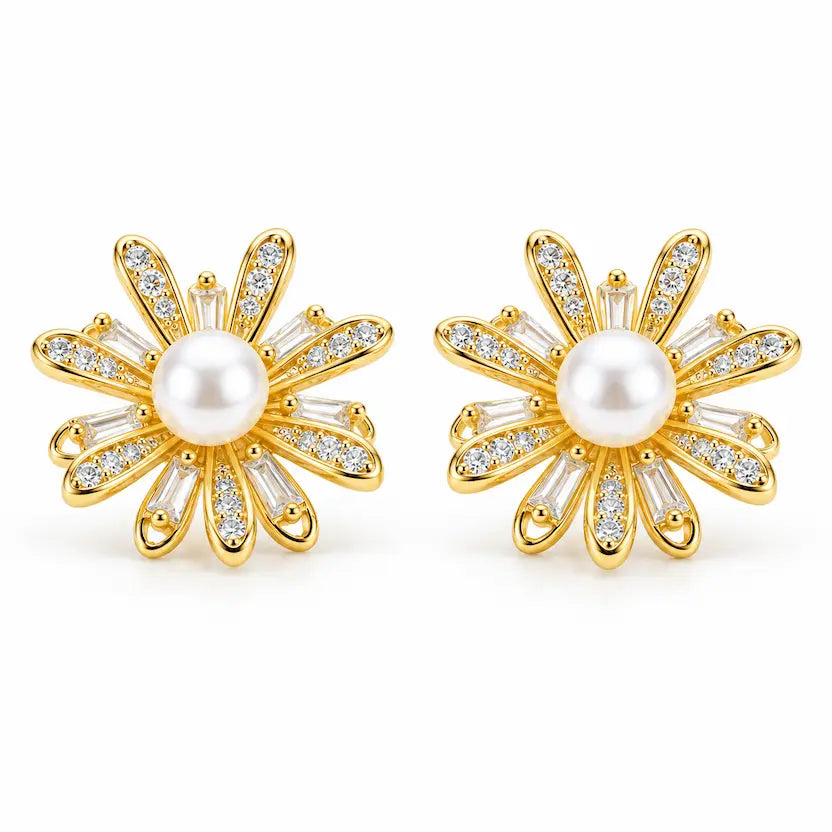Flower Bloom Pearl Stud Earrings