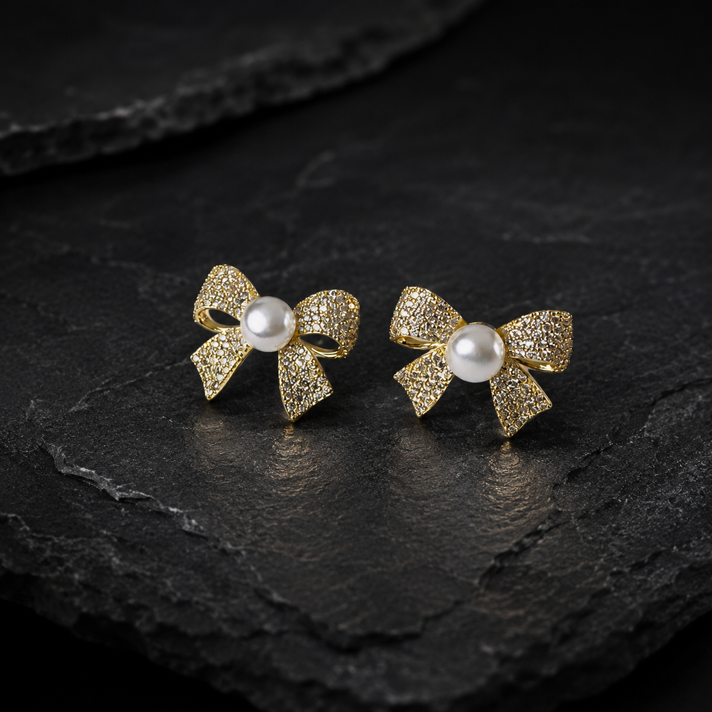 Bow and Pearl Stud Earrings