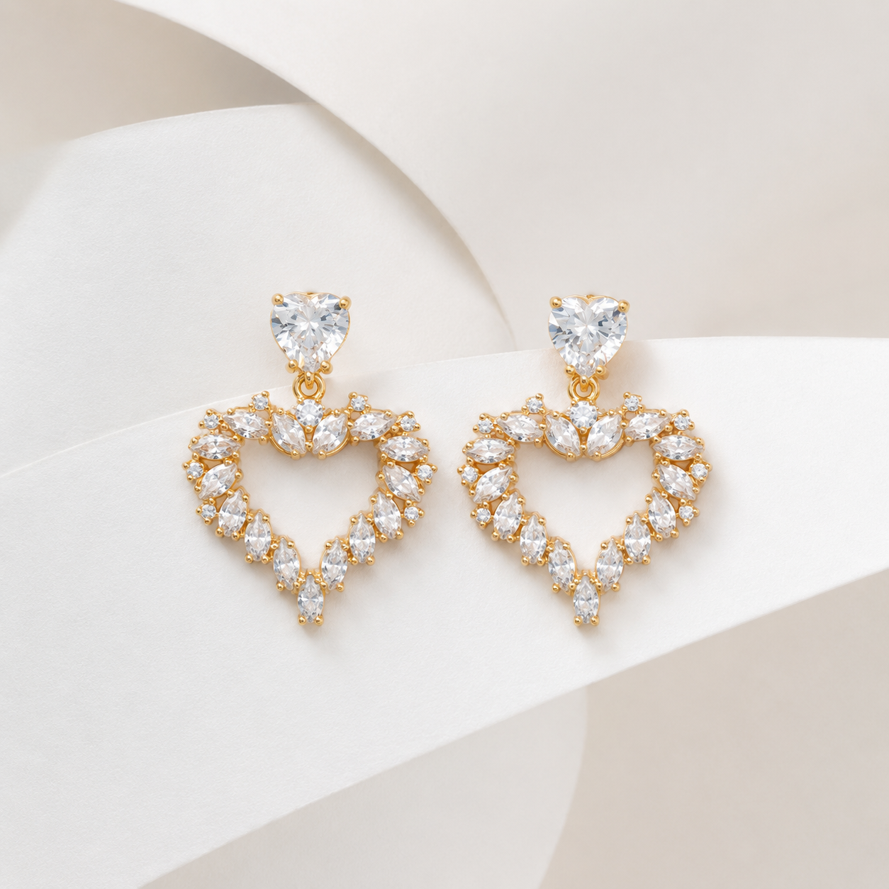 Crystal Heart CZ Gold-Tone Drop Earrings
