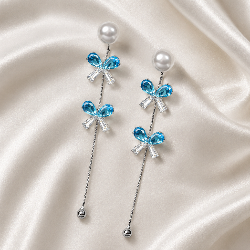 Pearl Stud Aqua Drop Dangler Earrings
