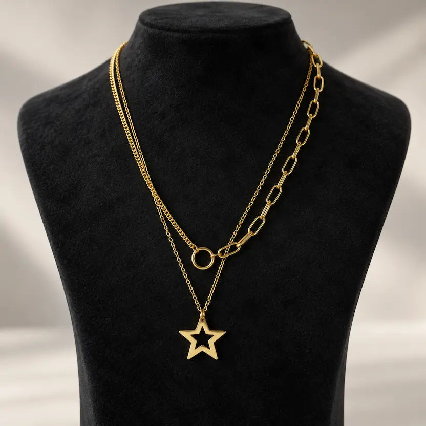 Layered Star Pendant Paperclip Necklace