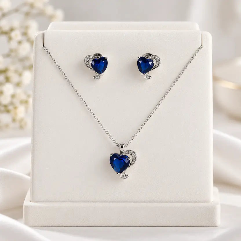 Blue Heart CZ Necklace and Earrings Set