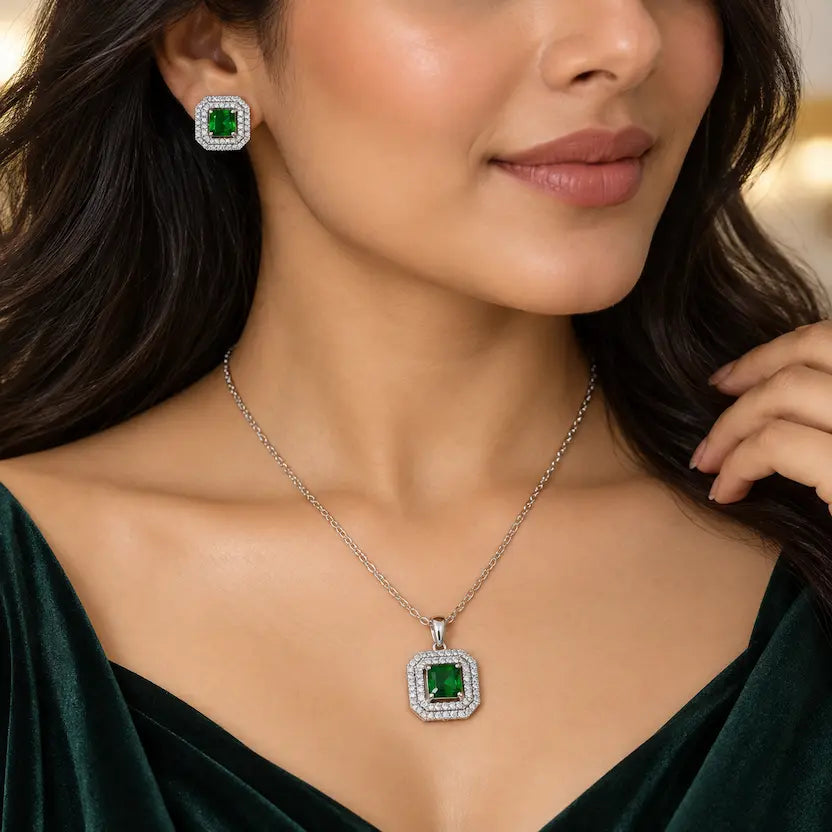 Green Square AD Halo Necklace and Earrings Set