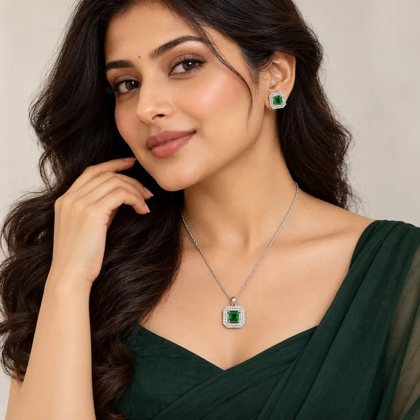 Green Square AD Halo Necklace and Earrings Set