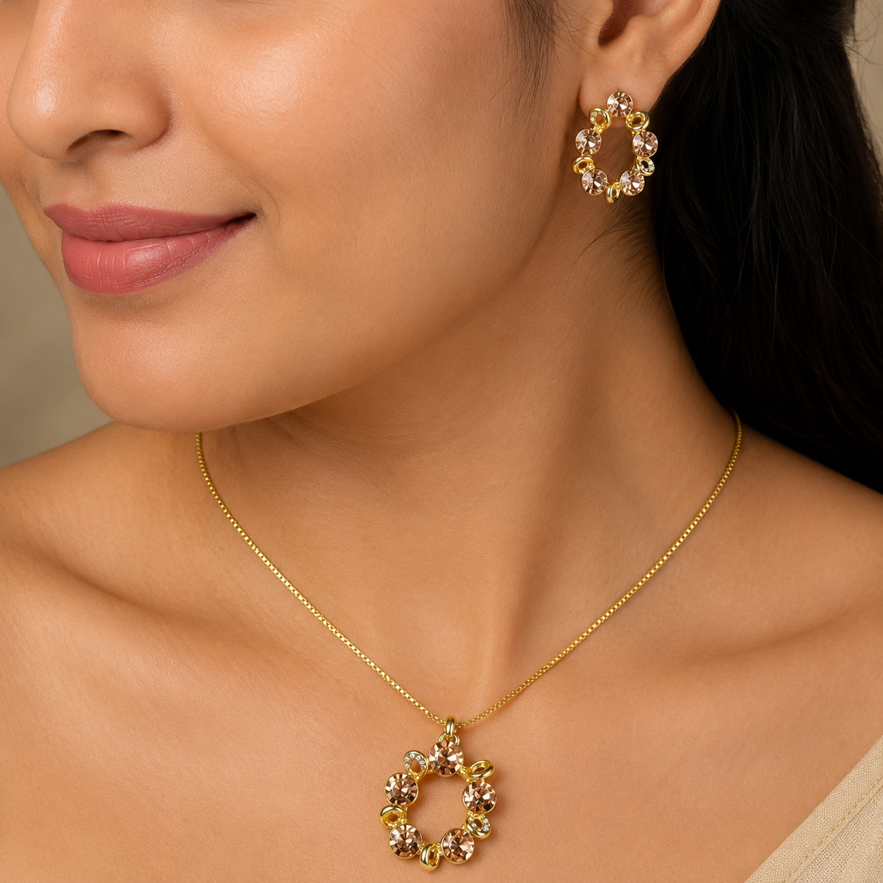 Champagne Round Crystal Necklace and Earrings Set