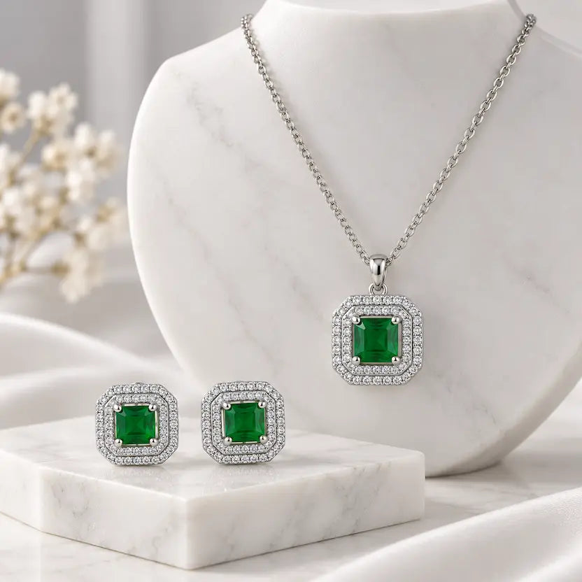 Green Square AD Halo Necklace and Earrings Set
