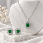 Green Square AD Halo Necklace and Earrings Set