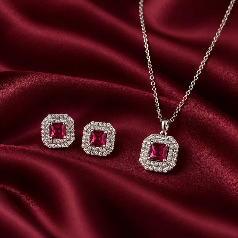 Dark Red Square AD Halo Necklace and Earrings Set