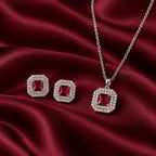 Dark Red Square AD Halo Necklace and Earrings Set