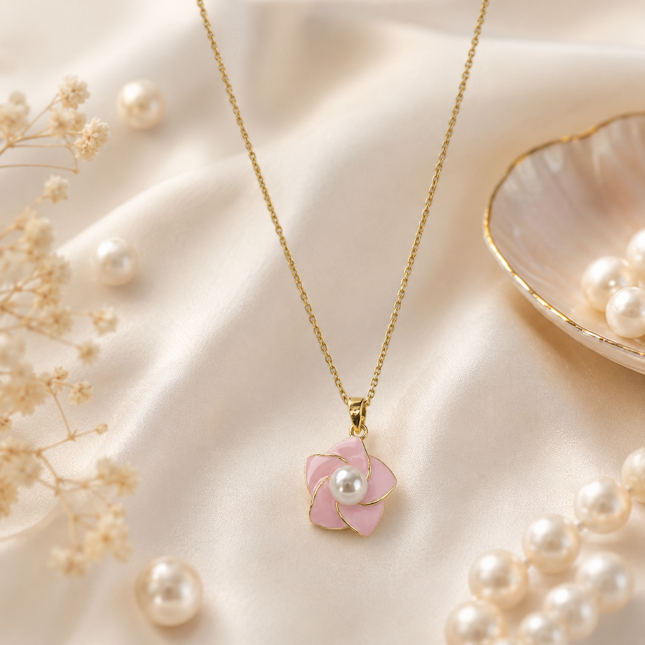 Pink Enamel Pearl Flower Necklace