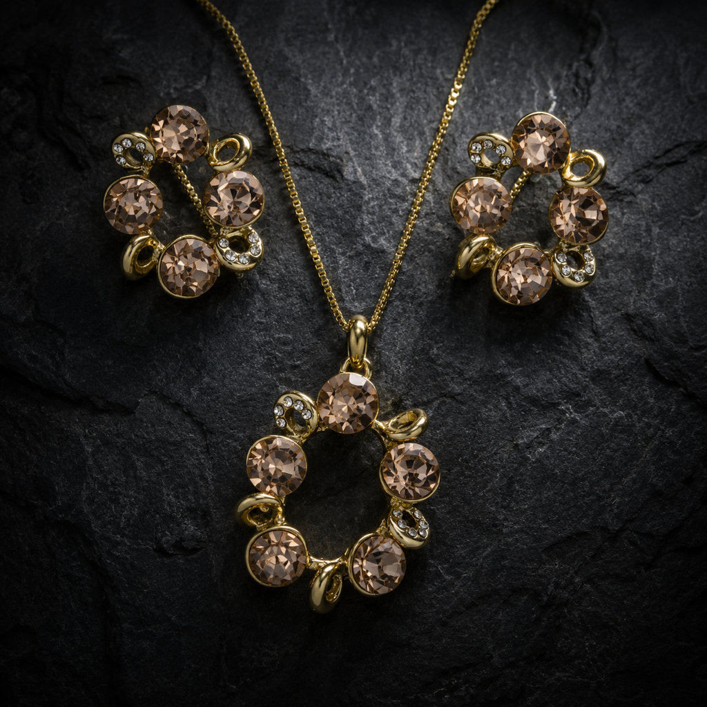 Champagne Round Crystal Necklace and Earrings Set