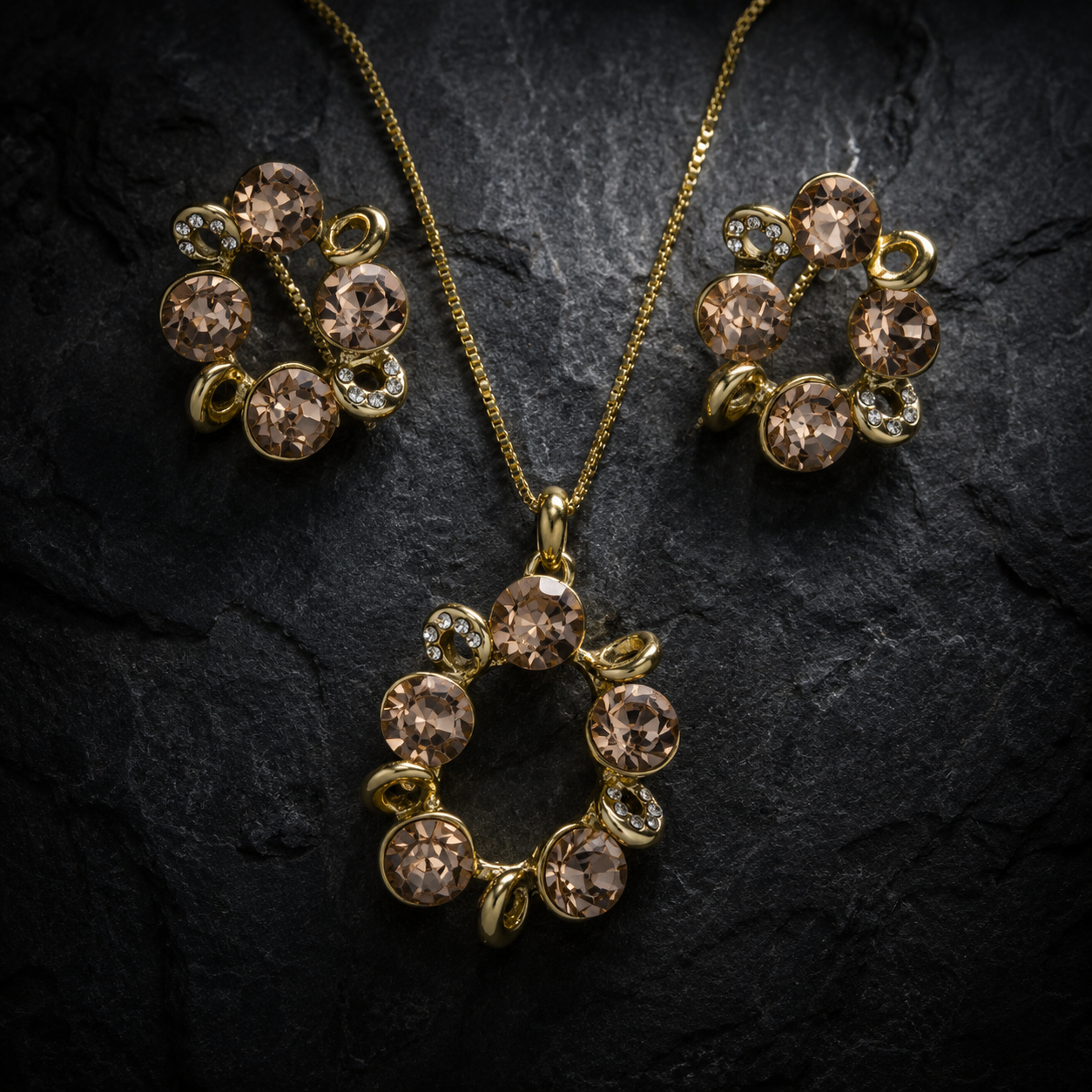 Champagne Round Crystal Necklace and Earrings Set