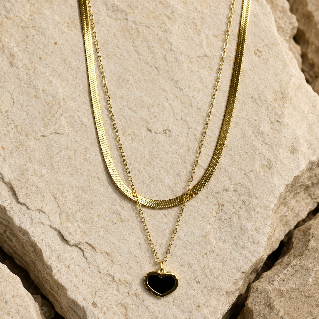 Black Enamel Heart Snake Chain Layered Necklace