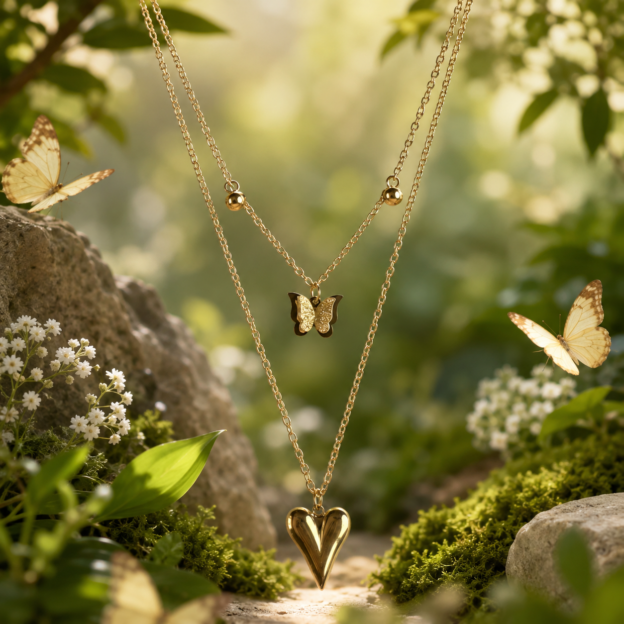 Puffy Heart Butterfly Charm Layered Necklace