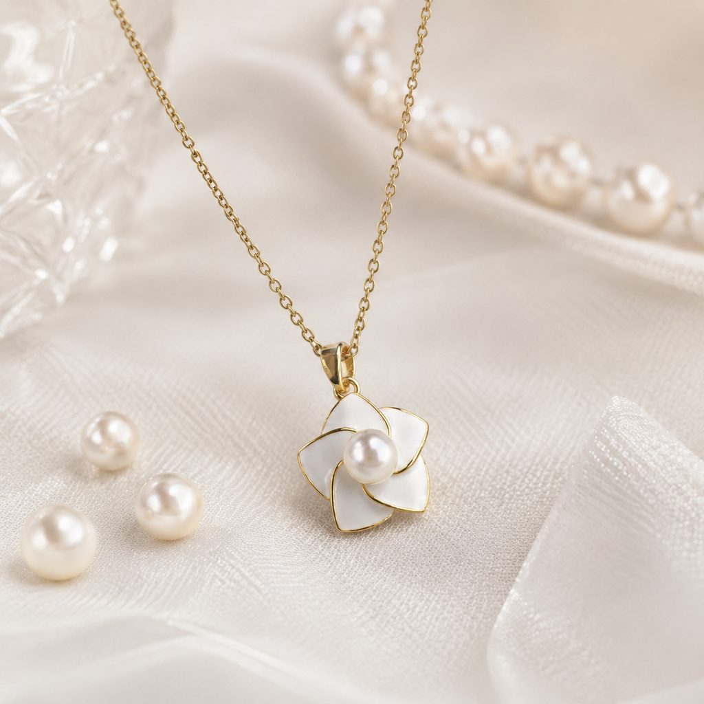White Enamel Pearl Flower Necklace
