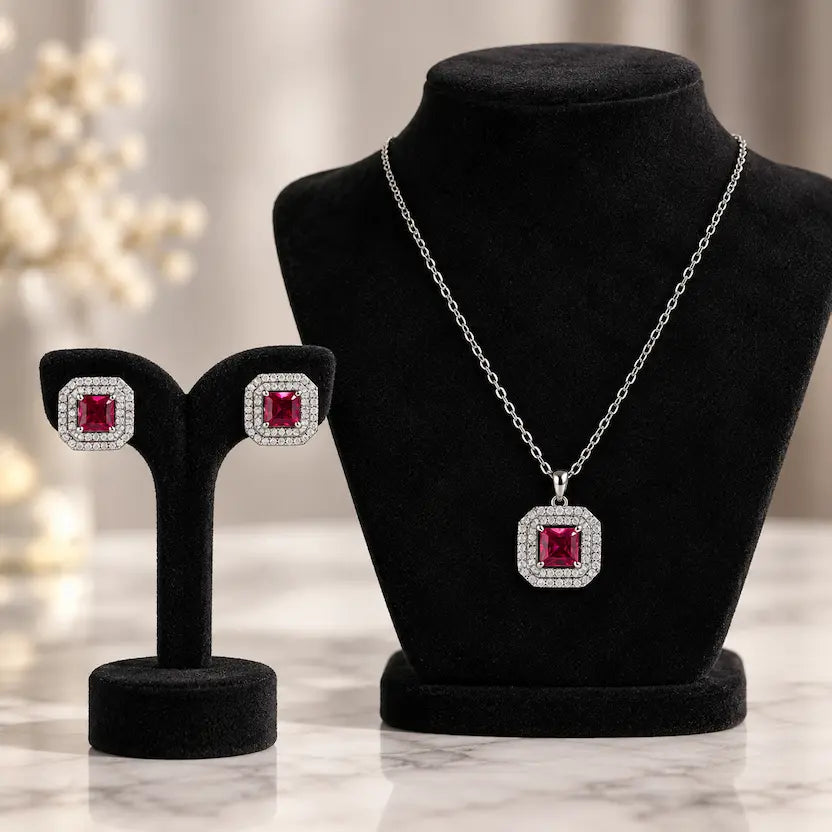 Dark Red Square AD Halo Necklace and Earrings Set