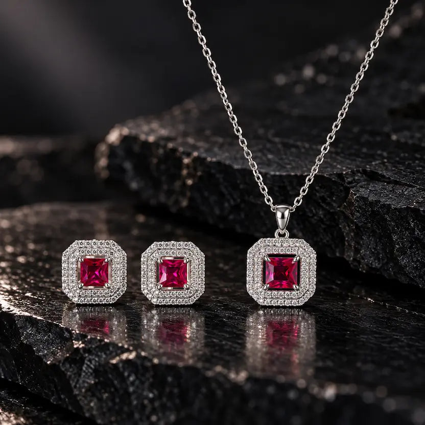 Dark Red Square AD Halo Necklace and Earrings Set