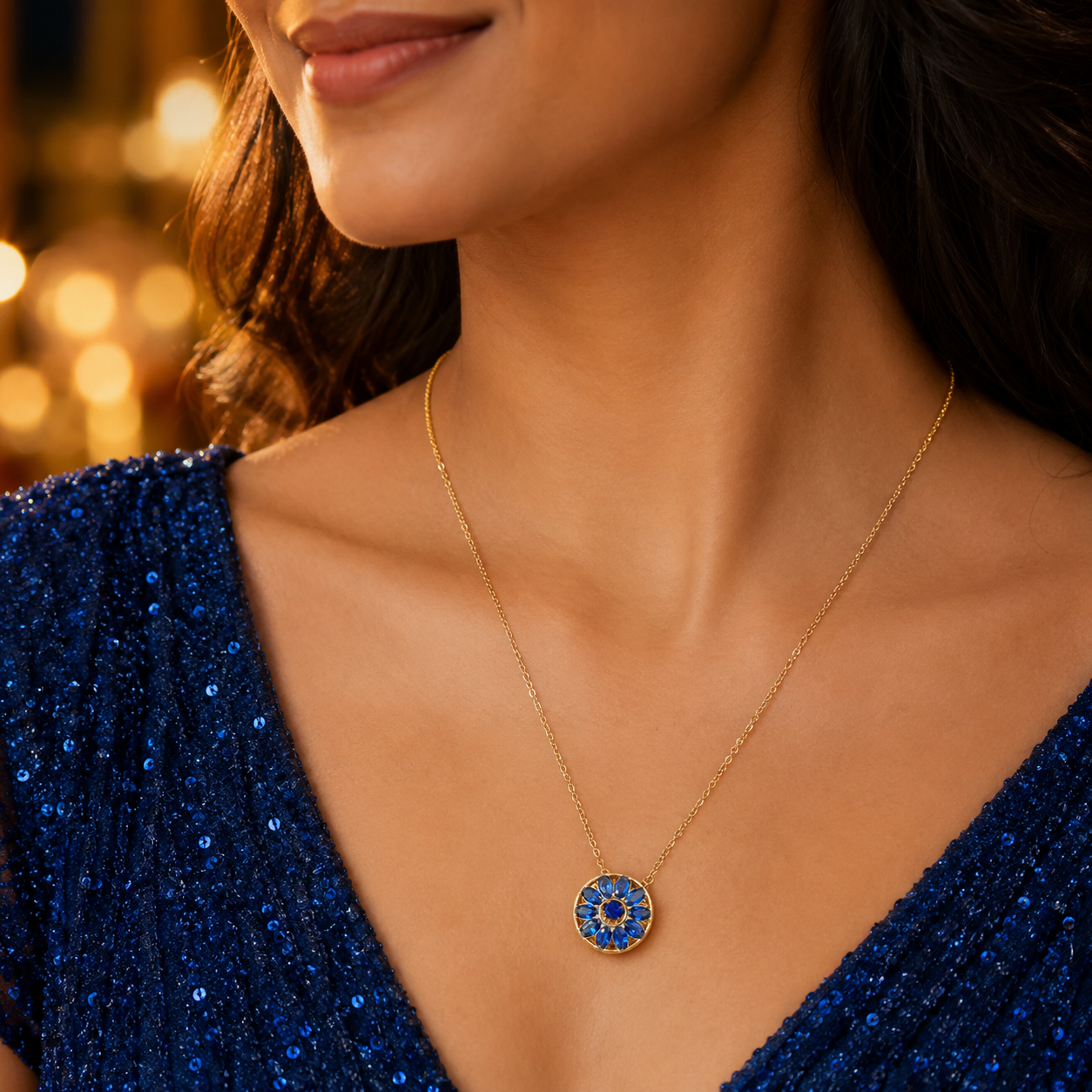 Blue Dial Crystal Gold-Tone Pendant Necklace