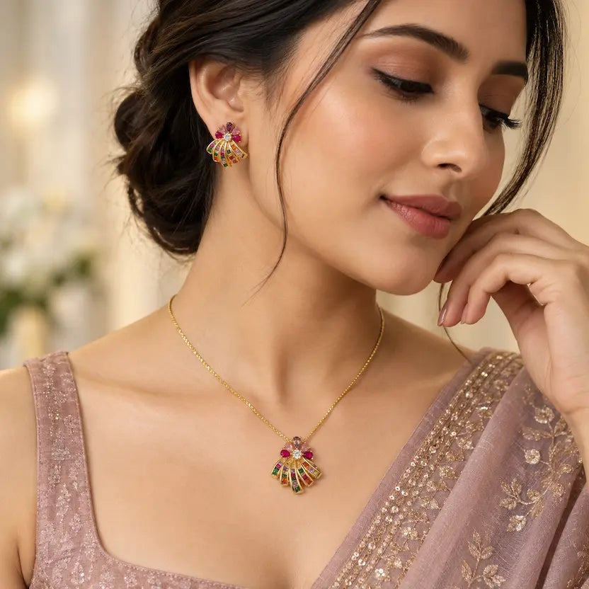 Rainbow Fan Floral Necklace & Earrings Set