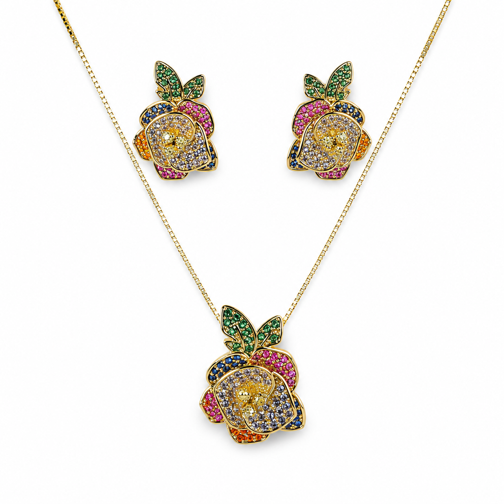 Multicolour Rose CZ Necklace and Earrings Set