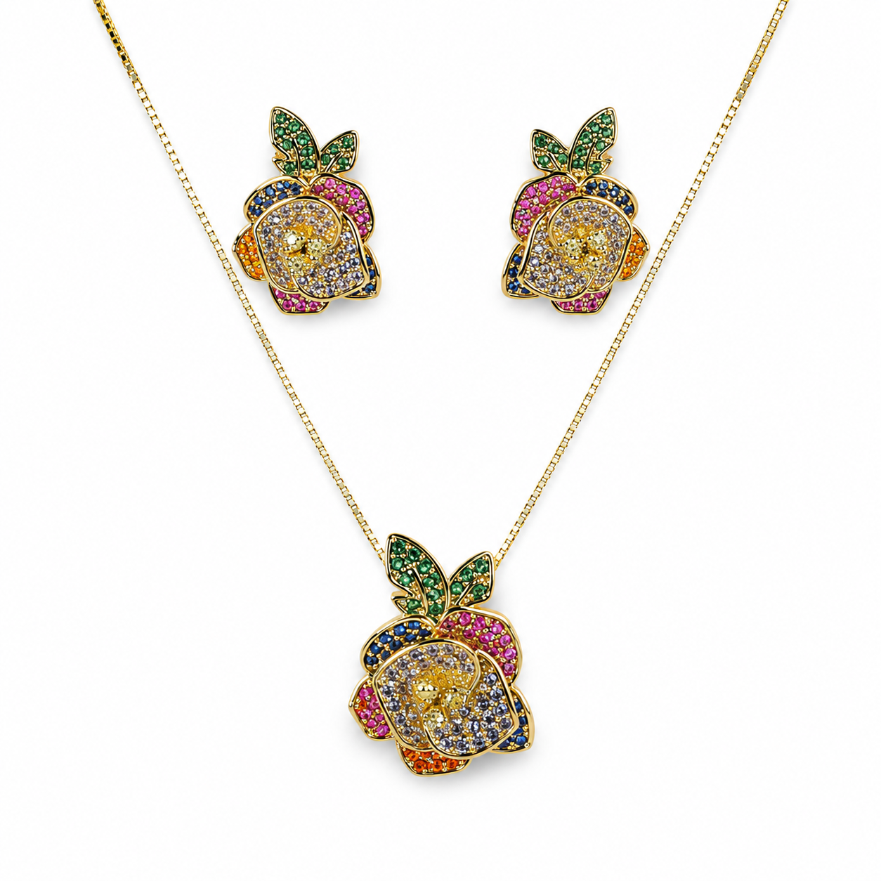 Multicolour Rose CZ Necklace and Earrings Set