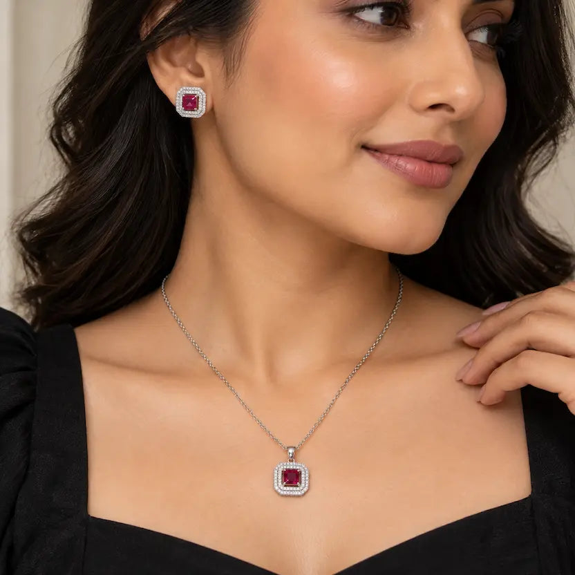 Dark Red Square AD Halo Necklace and Earrings Set