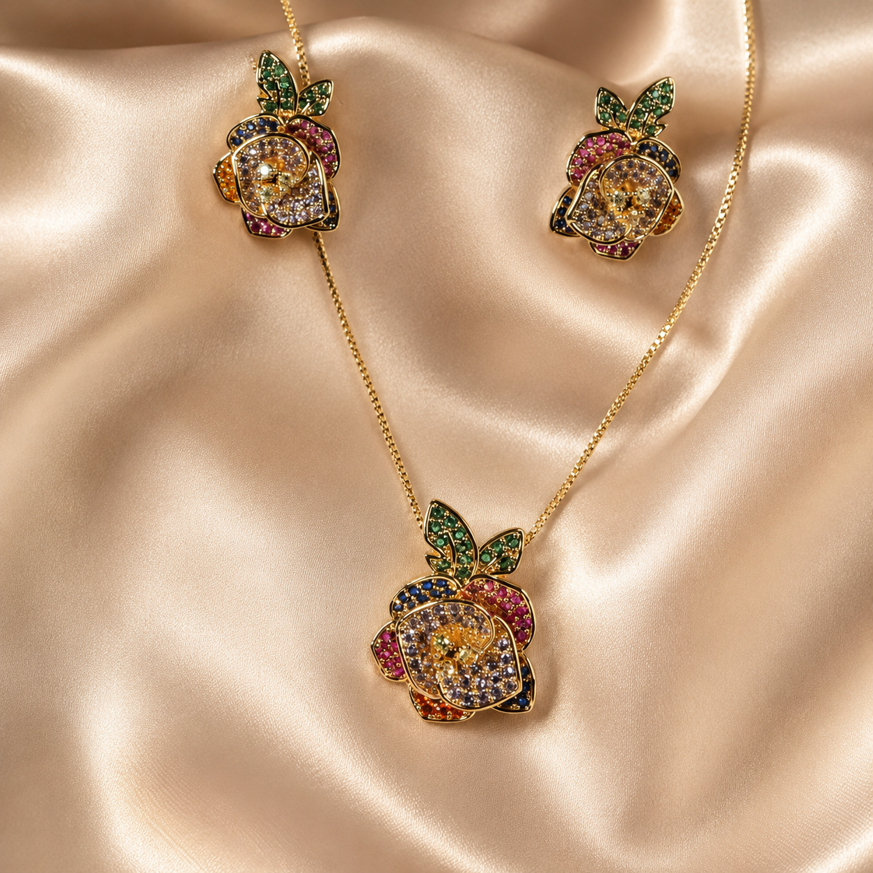Multicolour Rose CZ Necklace and Earrings Set