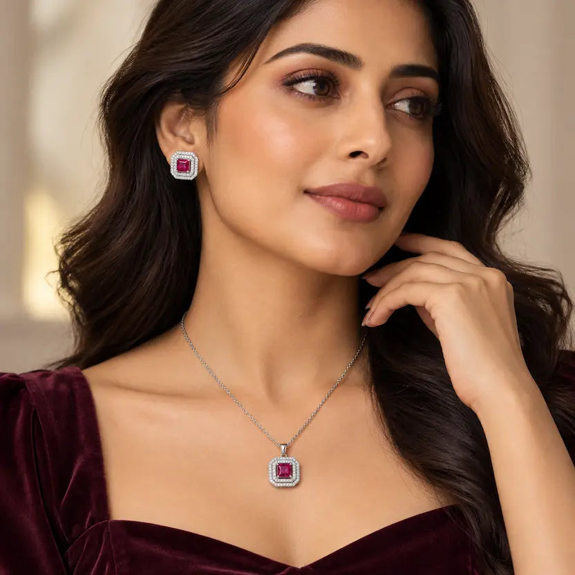 Dark Red Square AD Halo Necklace and Earrings Set