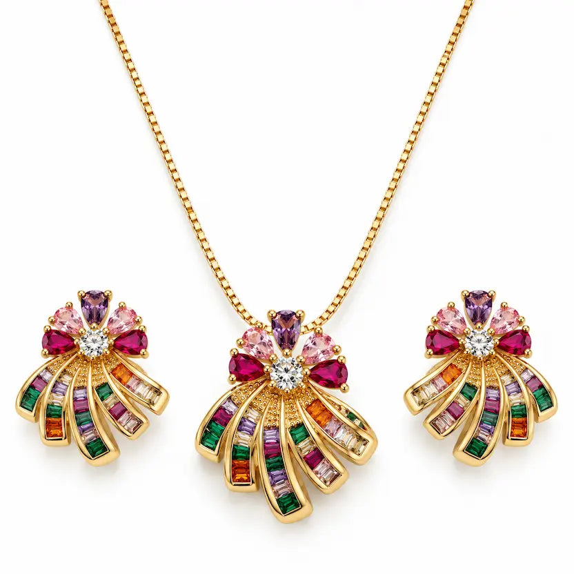 Rainbow Fan Floral Necklace & Earrings Set