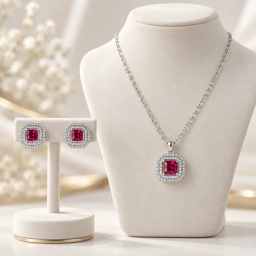 Dark Red Square AD Halo Necklace and Earrings Set