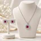 Dark Red Square AD Halo Necklace and Earrings Set