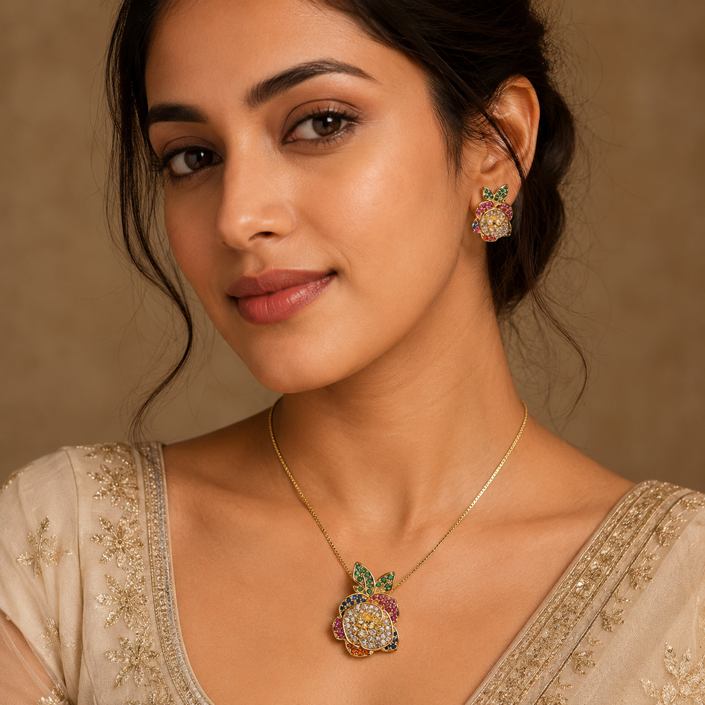 Multicolour Rose CZ Necklace and Earrings Set