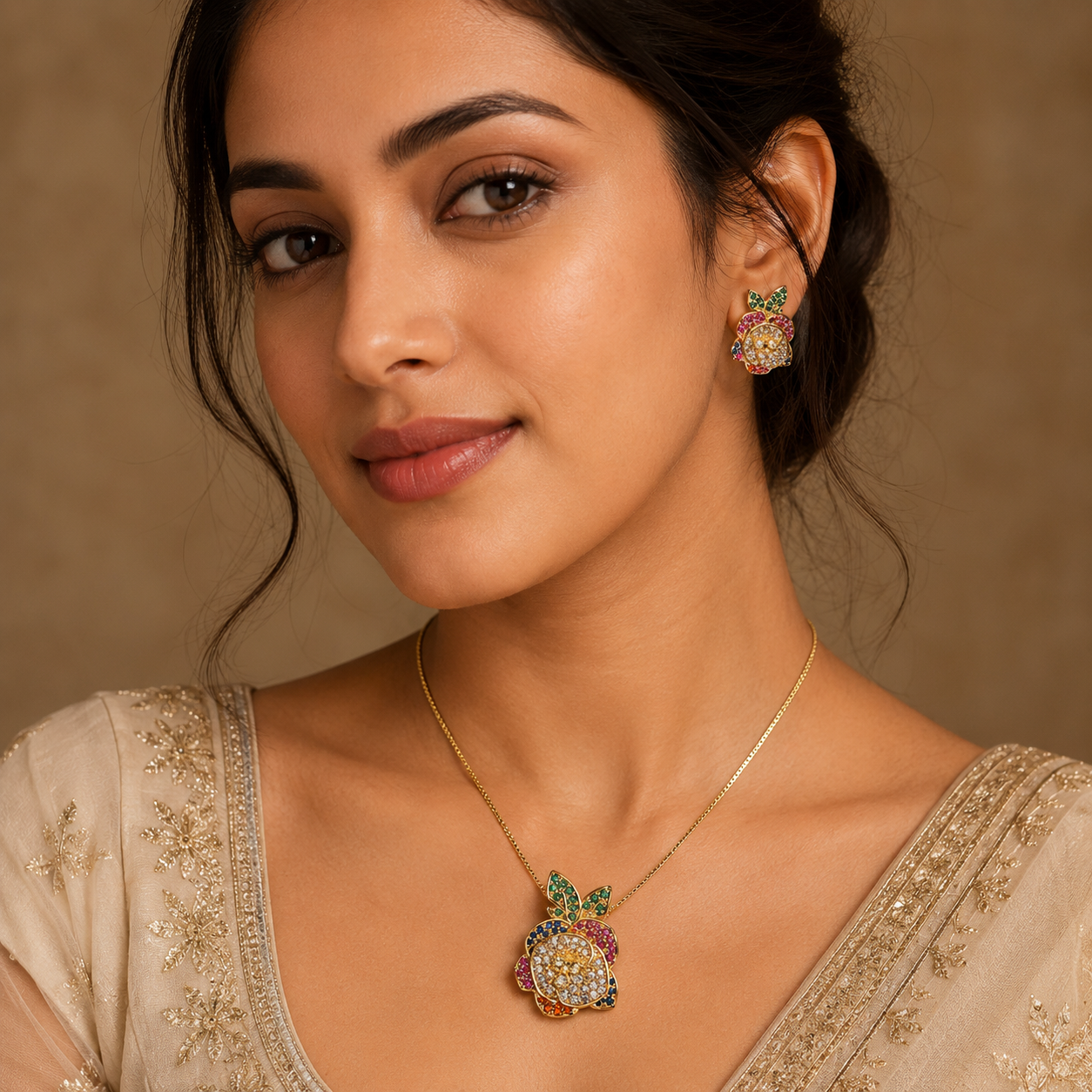 Multicolour Rose CZ Necklace and Earrings Set