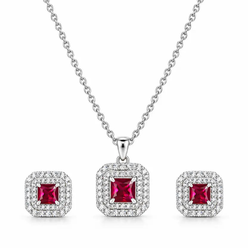 Dark Red Square AD Halo Necklace and Earrings Set