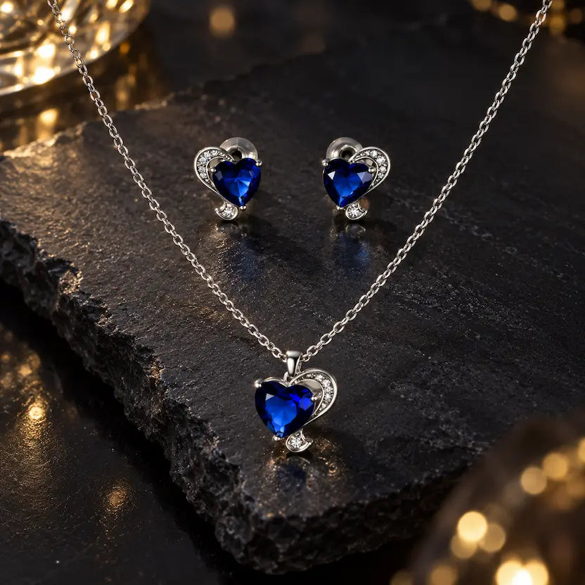 Blue Heart CZ Necklace and Earrings Set