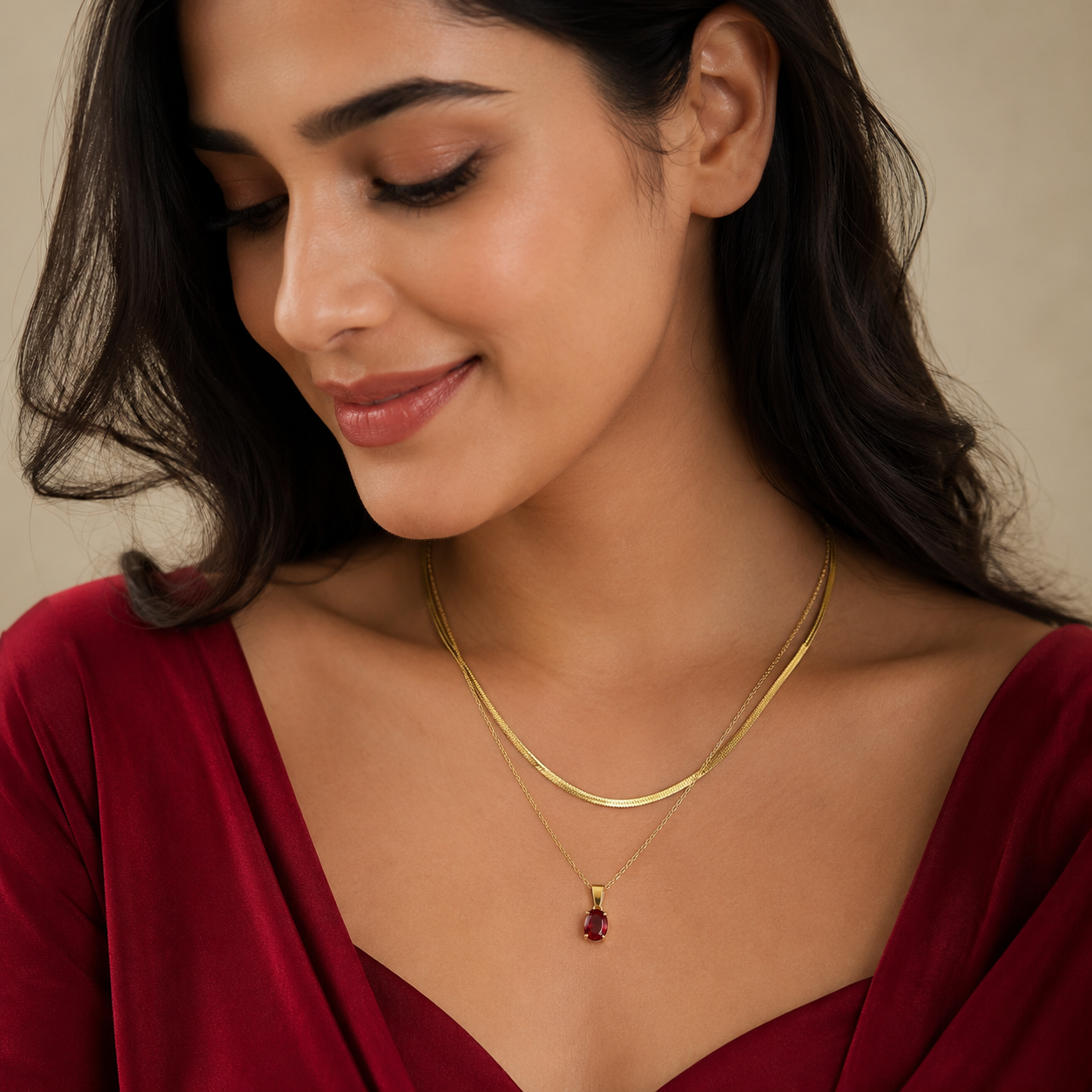 Ruby Red Stone Snake Chain Layered Necklace