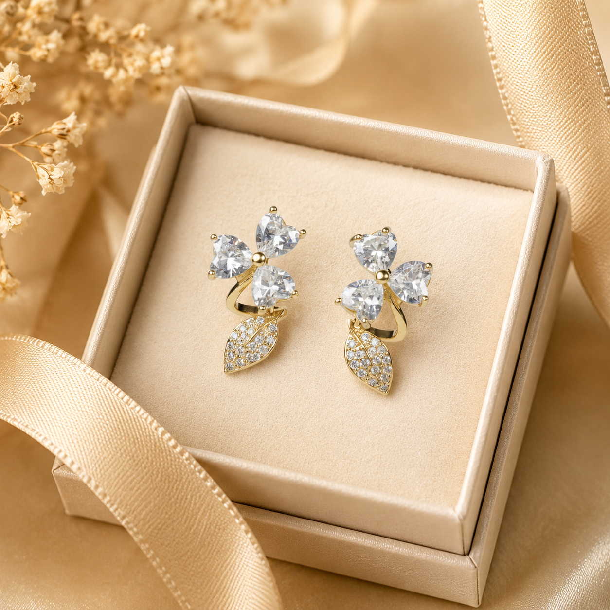 Heart Cluster Leaf Stud Earrings