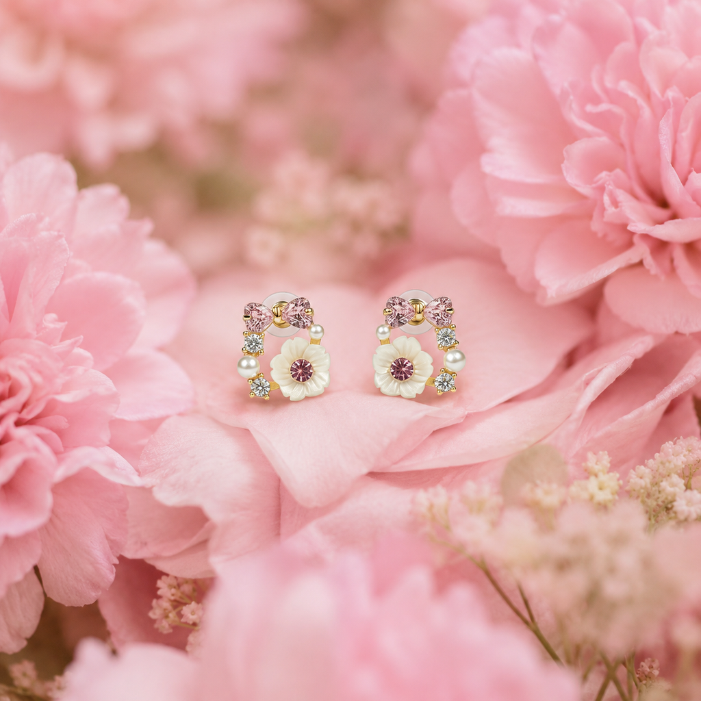 Rose Pearl Bow Stud Earrings