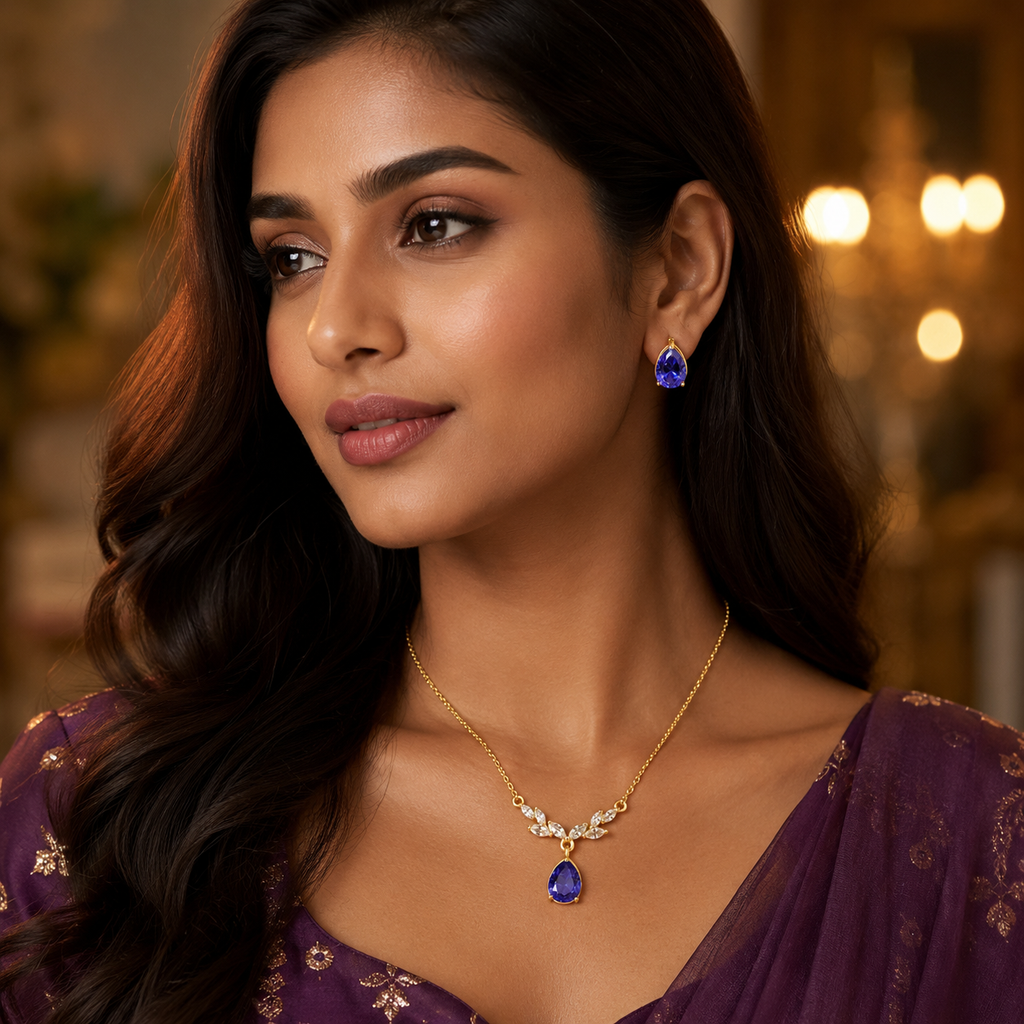 Purple Teardrop Crystal Necklace and Earrings Set